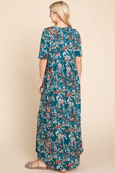 BOMBOM Women's Printed Shirred Maxi Dress - Stylish & Comfortable